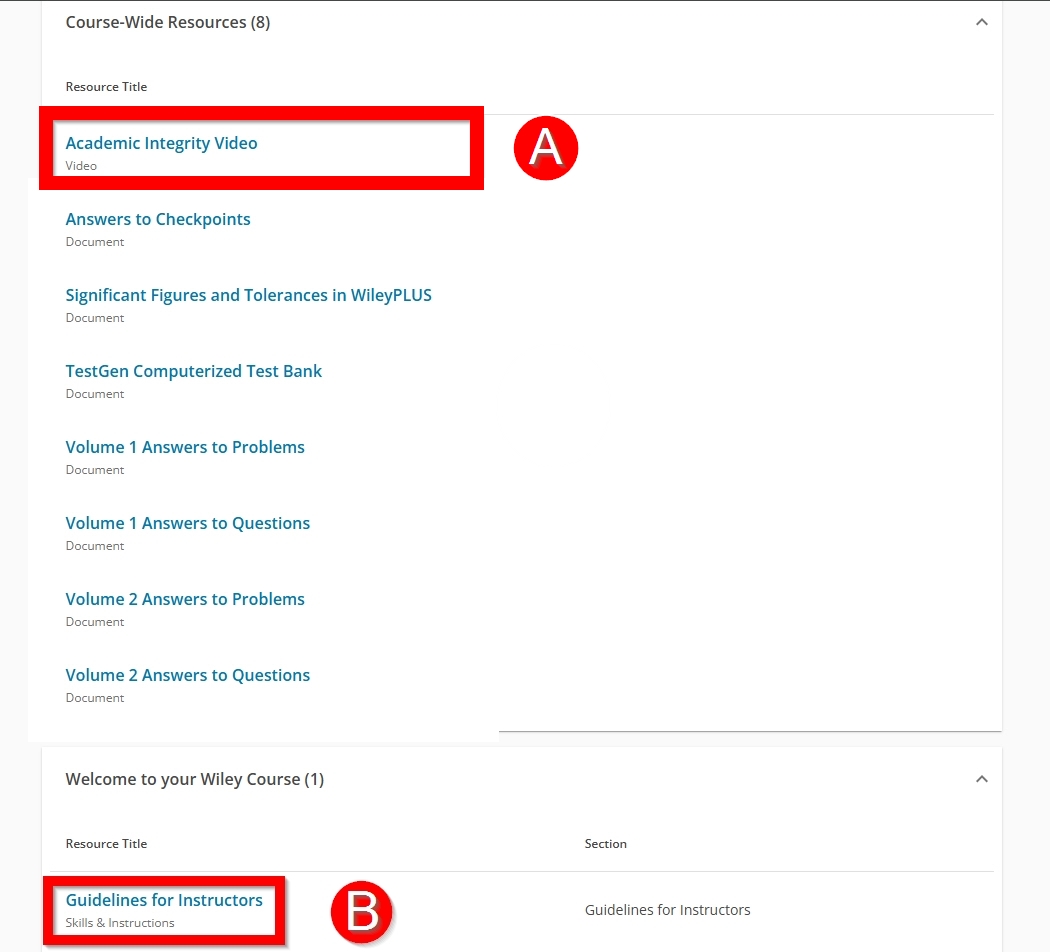 Instructor Wiley Course Resources outlined and labeled A, and B
